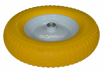 Колесо до тачки поліуританове Мега PU1613 16*4,00-8 жовте, вісь 90 мм., подш-к 20 мм.