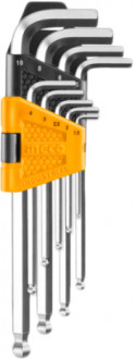 Набор ключей Г-образных удлиненных с шарообразным наконечником 1.5-10 мм 9 шт. Ingco (HHK12092)